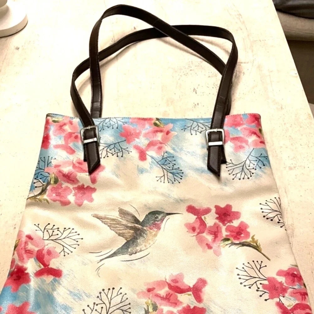 DOGO Vegan Leather Tote Bag; Hummingbird/Cherry‎ Blossoms; long straps